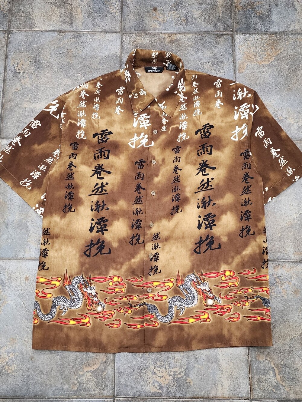 Vintage Y2K City Impact Men's Large Tribal Streetwear Dragon Button Up Shirt